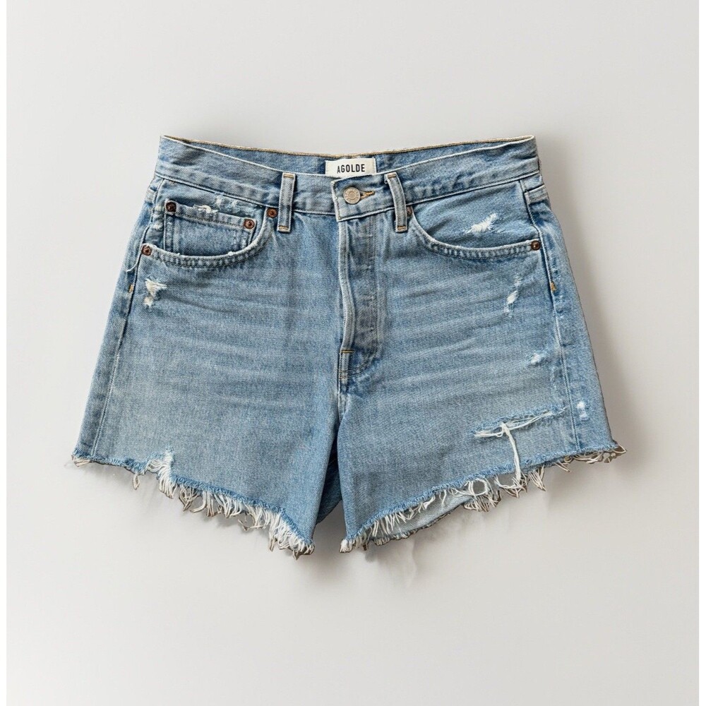 AGOLDE Parker Long Womens 26 High Rise Light Wash Denim Cutoff Shorts Button Fly